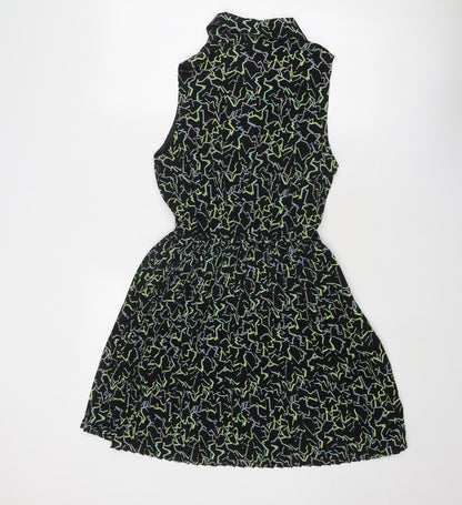 Max C Womens Black Geometric Polyester Shirt Dress Size M Collared Button