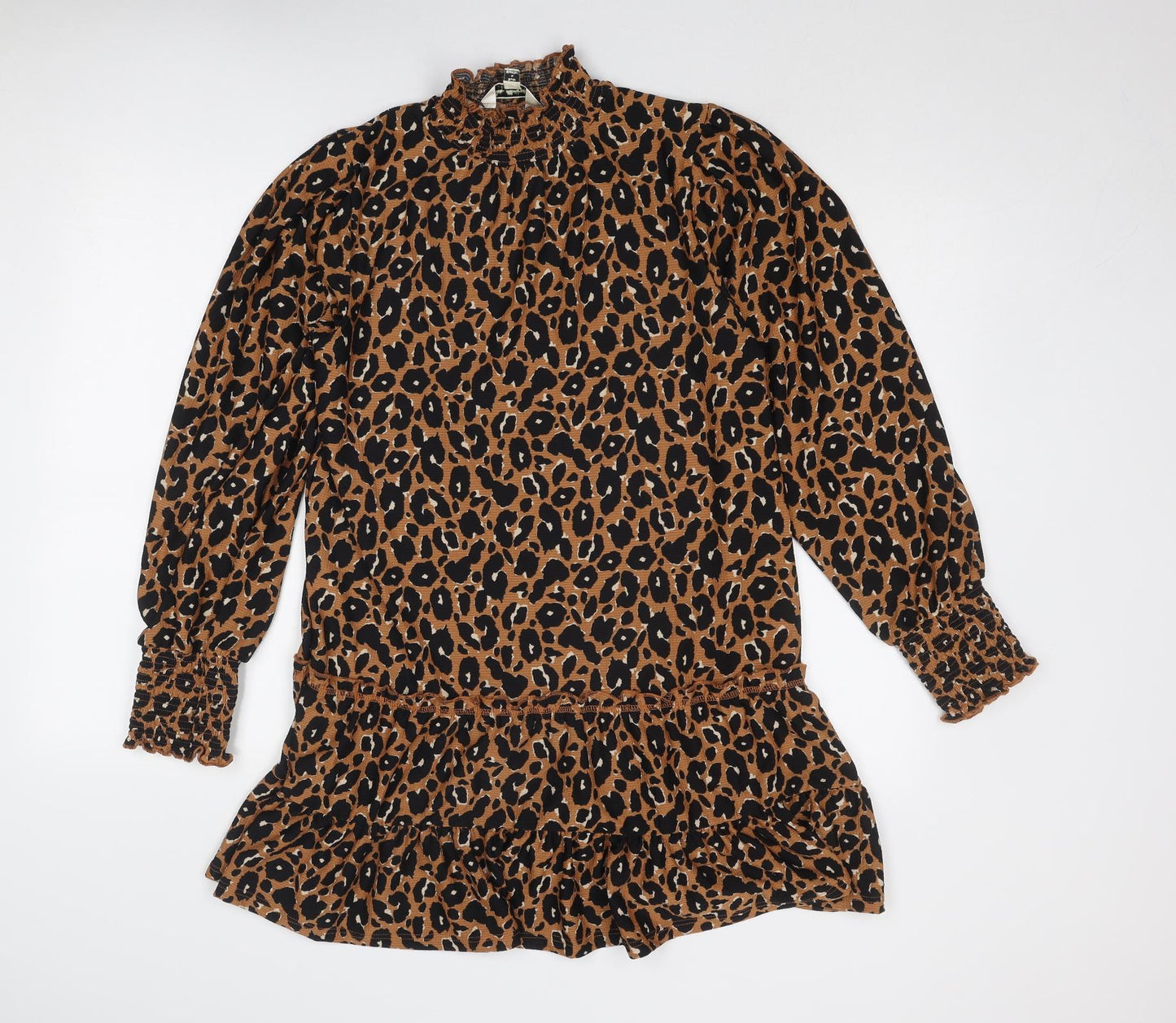 Miss Selfridge Womens Brown Animal Print Polyester A-Line Size 12 Mock Neck Pullover - Leopard Print