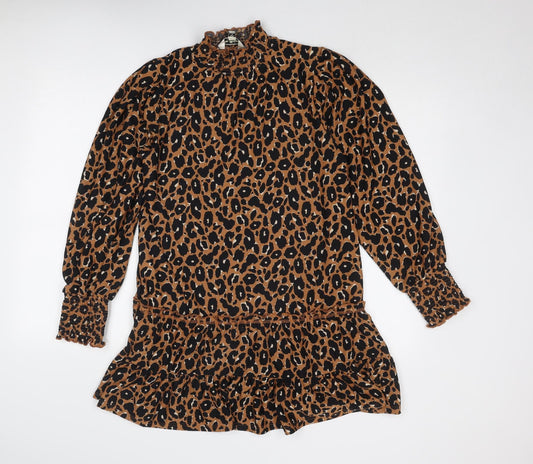 Miss Selfridge Womens Brown Animal Print Polyester A-Line Size 12 Mock Neck Pullover - Leopard Print