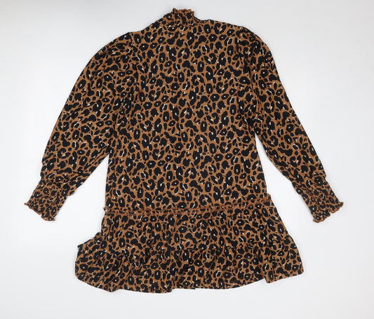 Miss Selfridge Womens Brown Animal Print Polyester A-Line Size 12 Mock Neck Pullover - Leopard Print