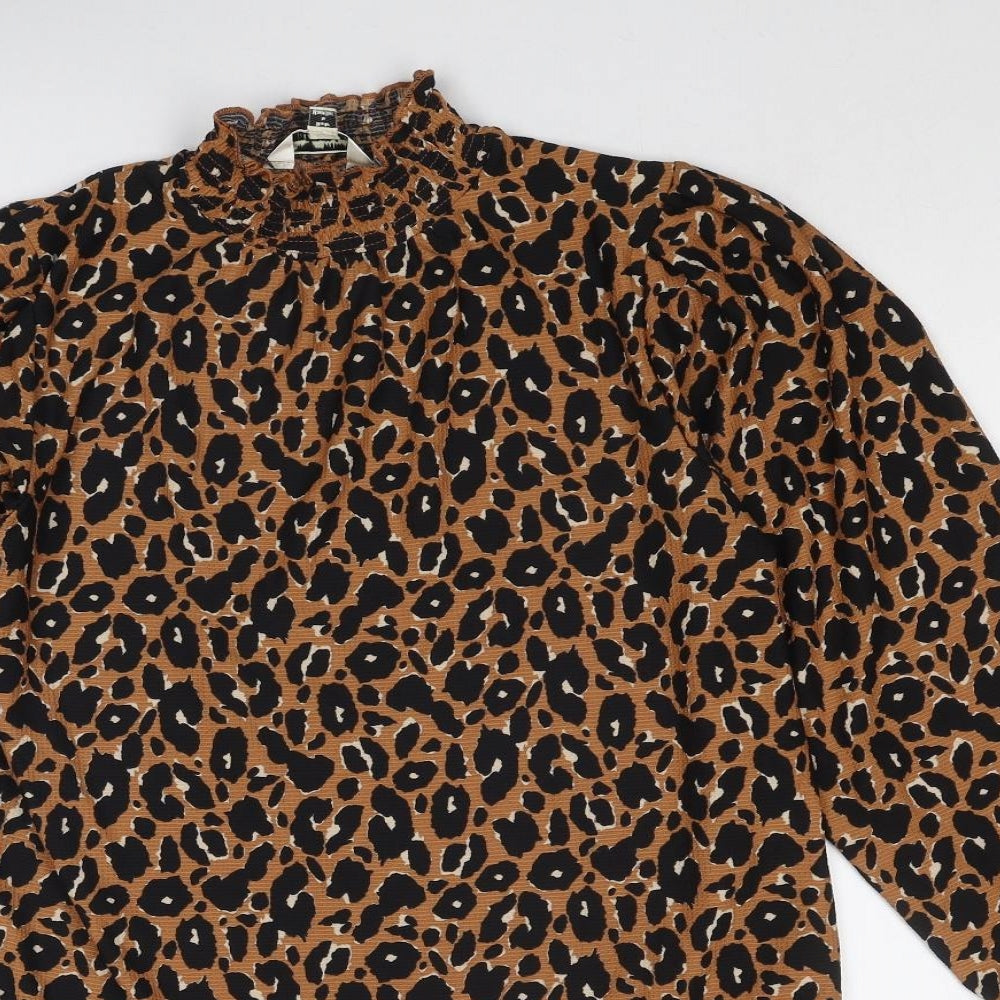 Miss Selfridge Womens Brown Animal Print Polyester A-Line Size 12 Mock Neck Pullover - Leopard Print