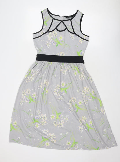 Dorothy Perkins Womens Grey Floral Polyester Fit & Flare Size 10 Boat Neck Zip