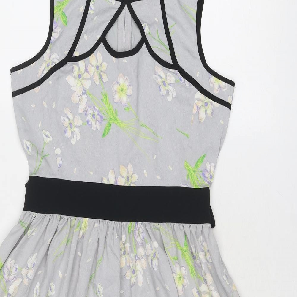 Dorothy Perkins Womens Grey Floral Polyester Fit & Flare Size 10 Boat Neck Zip