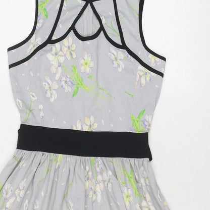 Dorothy Perkins Womens Grey Floral Polyester Fit & Flare Size 10 Boat Neck Zip