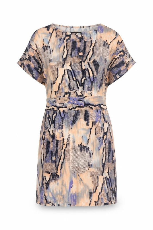 Front view of BCBGMAXAZRIA women’s multicoloured geometric polyester t-shirt dress, size XS, round neck pullover