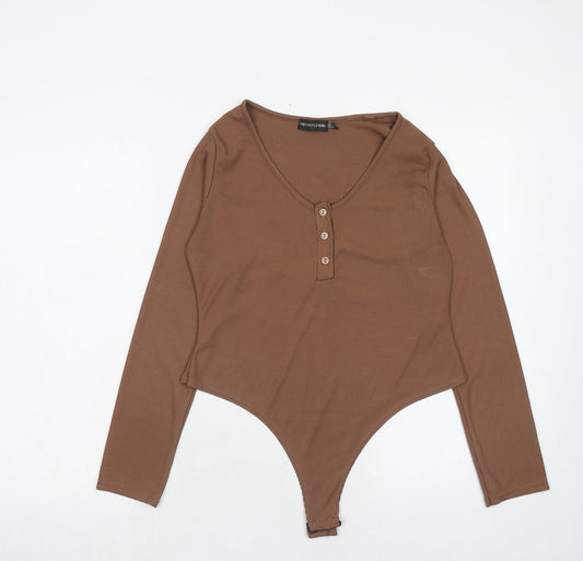 PRETTYLITTLETHING Womens Brown Polyester Bodysuit One-Piece Size 16 Snap