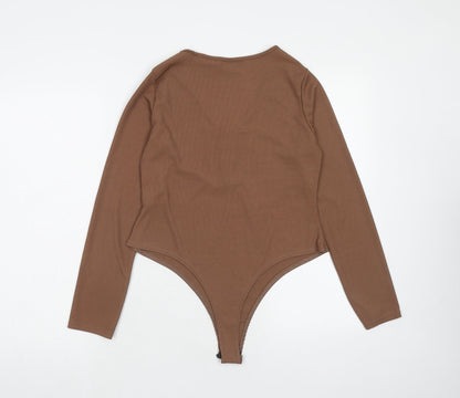 PRETTYLITTLETHING Womens Brown Polyester Bodysuit One-Piece Size 16 Snap