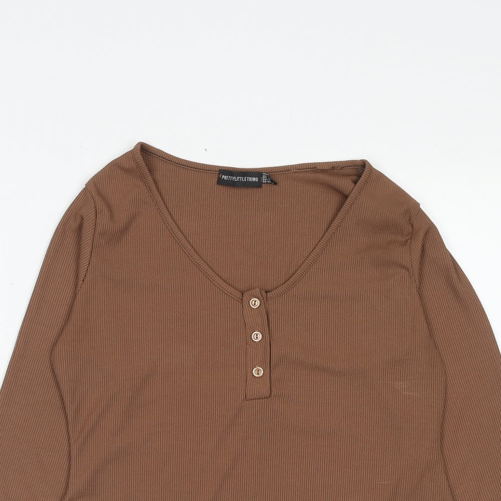 PRETTYLITTLETHING Womens Brown Polyester Bodysuit One-Piece Size 16 Snap