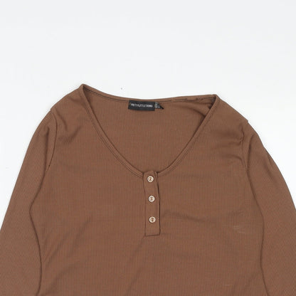 PRETTYLITTLETHING Womens Brown Polyester Bodysuit One-Piece Size 16 Snap