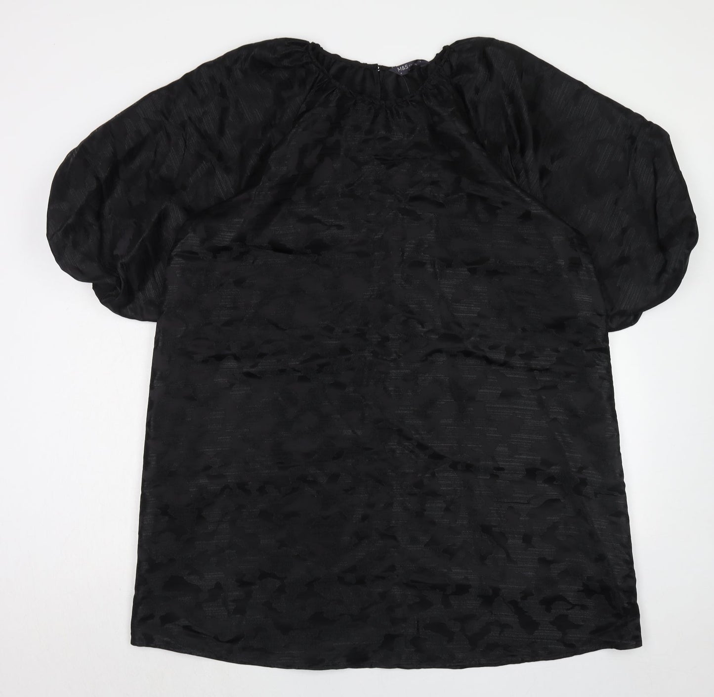 Marks and Spencer Womens Black Animal Print Polyester Trapeze & Swing Size 16 Boat Neck Button - Puff Sleeve
