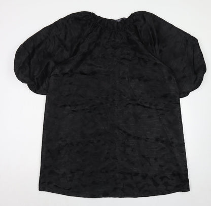 Marks and Spencer Womens Black Animal Print Polyester Trapeze & Swing Size 16 Boat Neck Button - Puff Sleeve