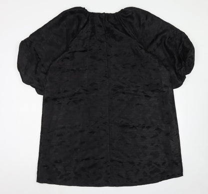 Marks and Spencer Womens Black Animal Print Polyester Trapeze & Swing Size 16 Boat Neck Button - Puff Sleeve