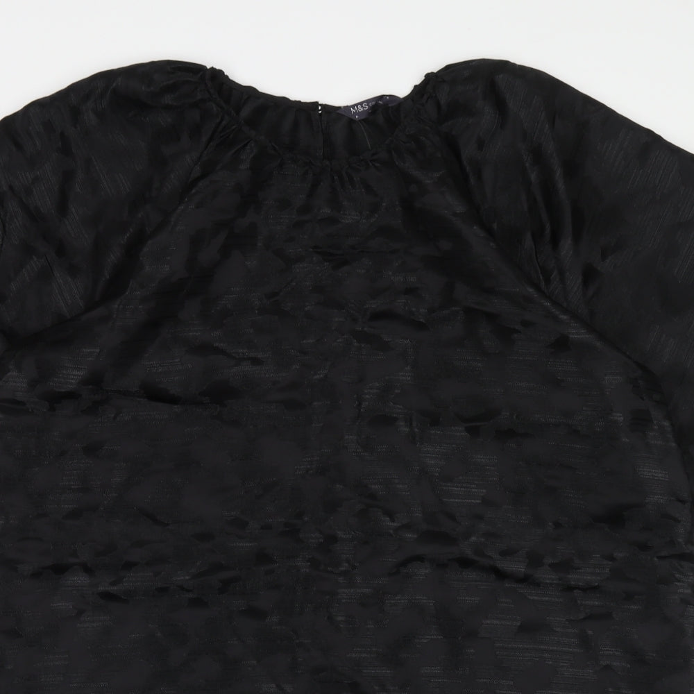 Marks and Spencer Womens Black Animal Print Polyester Trapeze & Swing Size 16 Boat Neck Button - Puff Sleeve