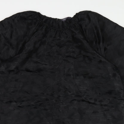Marks and Spencer Womens Black Animal Print Polyester Trapeze & Swing Size 16 Boat Neck Button - Puff Sleeve