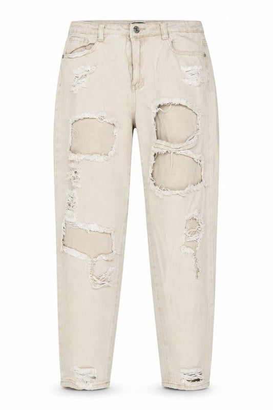 Front view of Missguided women’s beige cotton mom jeans, size UK 12, regular zip