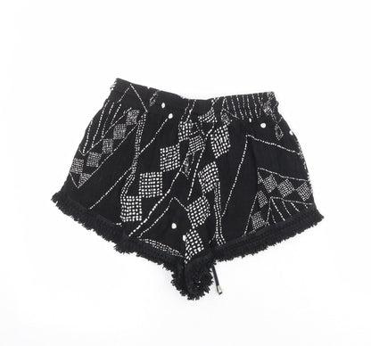 Milk & Honey Womens Black Geometric Viscose Hot Pants Shorts Size 8 Regular Drawstring - Crocheted Lace Trim