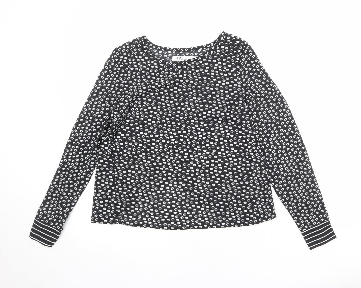 Anna Smith Womens Black Geometric Polyester Basic Blouse Size 8 Round Neck