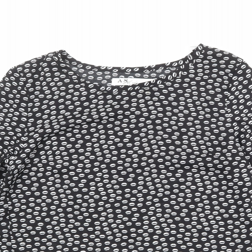 Anna Smith Womens Black Geometric Polyester Basic Blouse Size 8 Round Neck