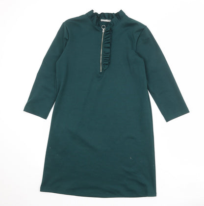Zara Womens Green Polyester A-Line Size S Round Neck Zip