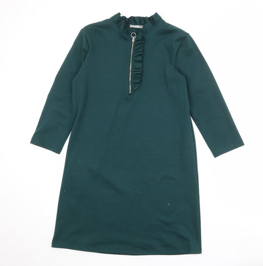 Zara Womens Green Polyester A-Line Size S Round Neck Zip