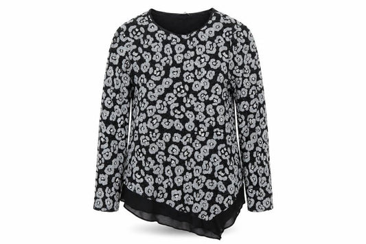 Front view of Roman women’s black animal print polyamide basic blouse, size UK 12, boat neck - asymmetric