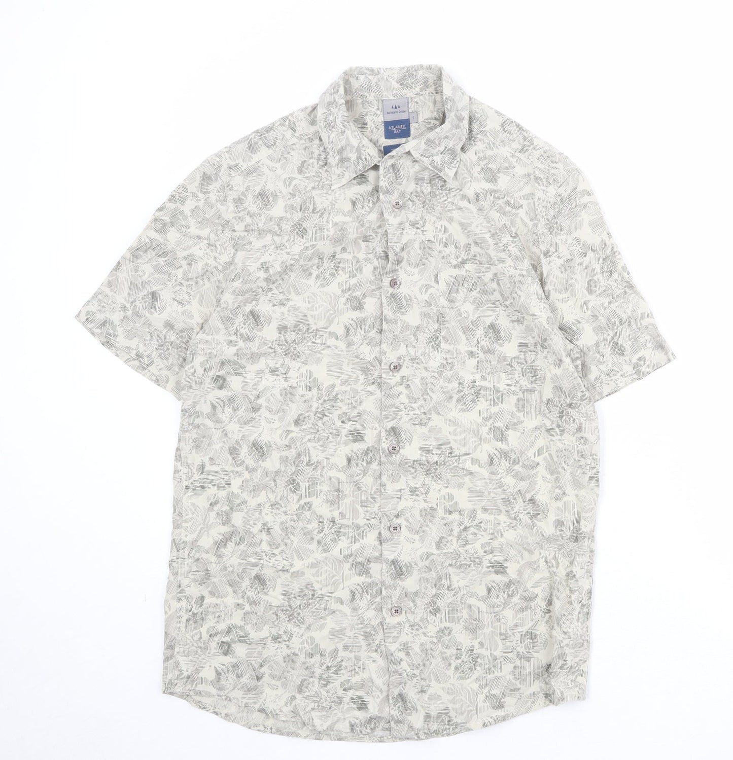 Atlantic Bay Mens Beige Geometric Polyester Button-Up Size S Collared Button