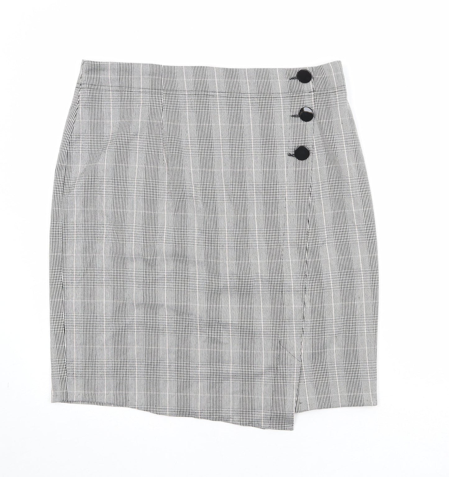 Marks and Spencer Womens Black Plaid Polyester A-Line Skirt Size 36 in Button