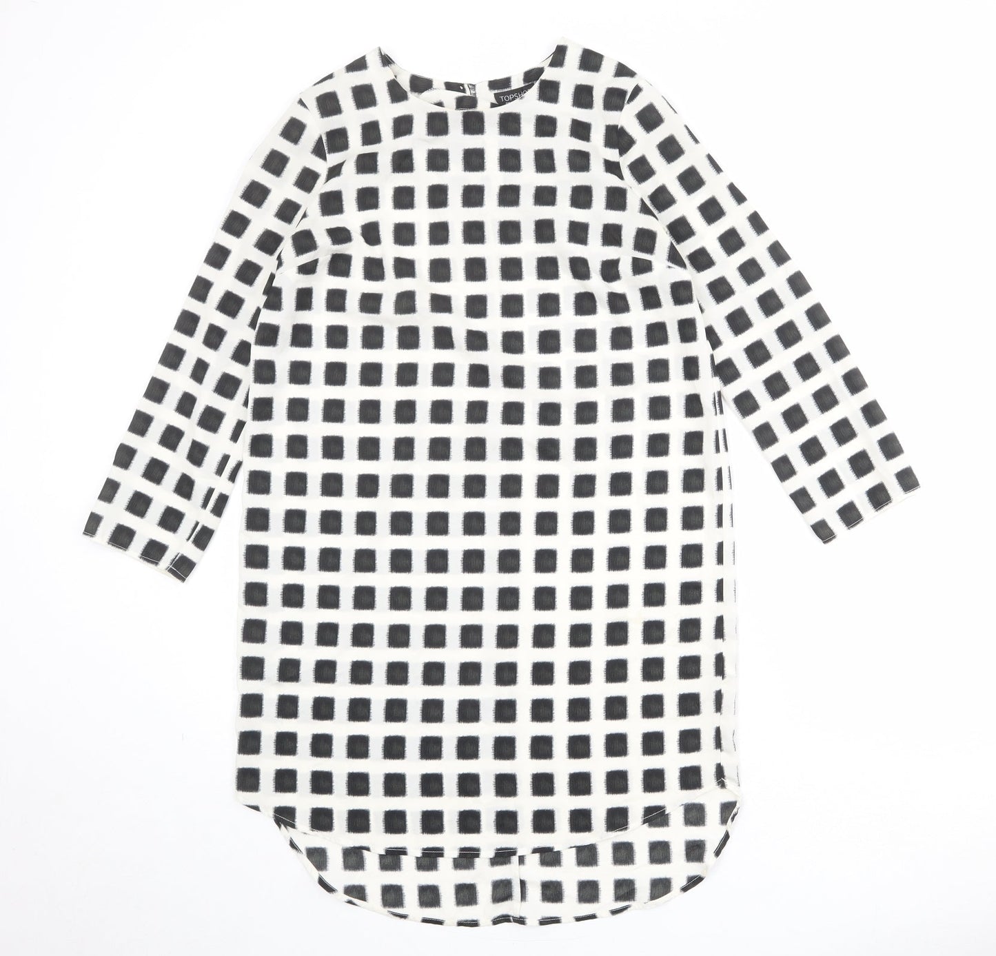 Topshop Womens Ivory Check Polyester Shift Size 10 Boat Neck Button