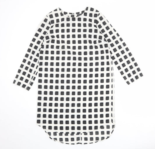 Topshop Womens Ivory Check Polyester Shift Size 10 Boat Neck Button