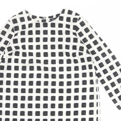 Topshop Womens Ivory Check Polyester Shift Size 10 Boat Neck Button