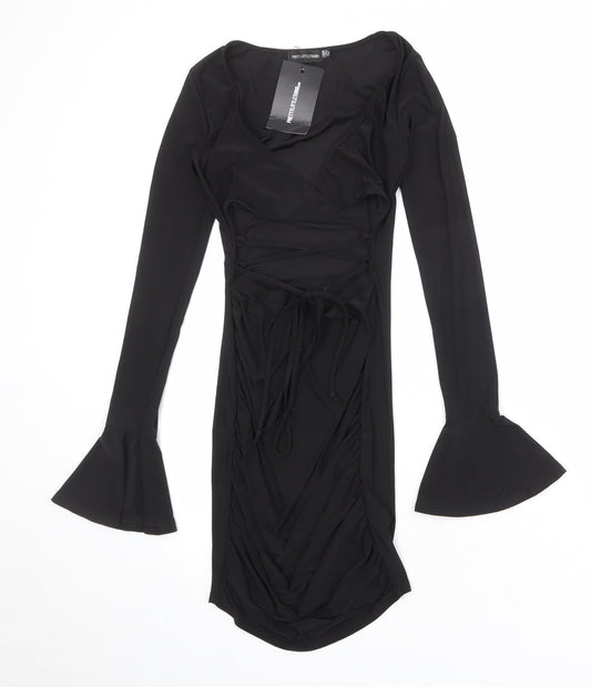 PRETTYLITTLETHING Womens Black Polyester Bodycon Size 4 V-Neck Pullover - Flute Sleeve