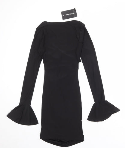 PRETTYLITTLETHING Womens Black Polyester Bodycon Size 4 V-Neck Pullover - Flute Sleeve
