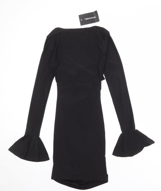 PRETTYLITTLETHING Womens Black Polyester Bodycon Size 4 V-Neck Pullover - Flute Sleeve