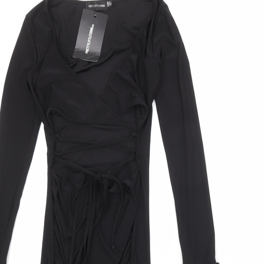 PRETTYLITTLETHING Womens Black Polyester Bodycon Size 4 V-Neck Pullover - Flute Sleeve