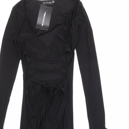 PRETTYLITTLETHING Womens Black Polyester Bodycon Size 4 V-Neck Pullover - Flute Sleeve