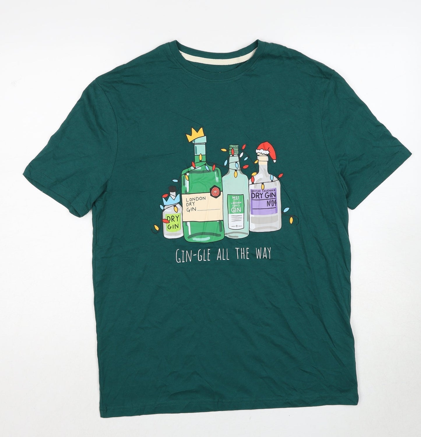 Marks and Spencer Mens Green Cotton T-Shirt Size S Round Neck - Gin-gle All The Way