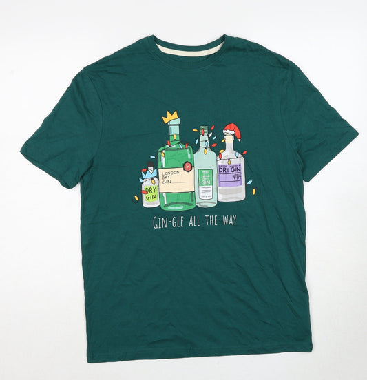 Marks and Spencer Mens Green Cotton T-Shirt Size S Round Neck - Gin-gle All The Way