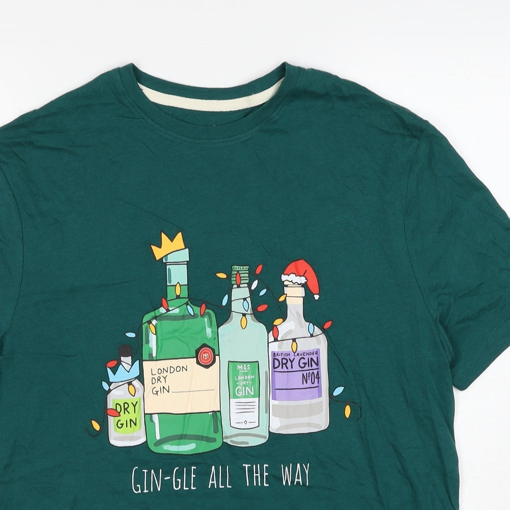 Marks and Spencer Mens Green Cotton T-Shirt Size S Round Neck - Gin-gle All The Way