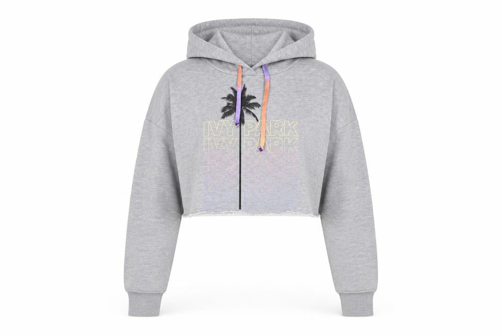 Front view of IVY PARK women’s grey polyester pullover hoodie, size S, pullover