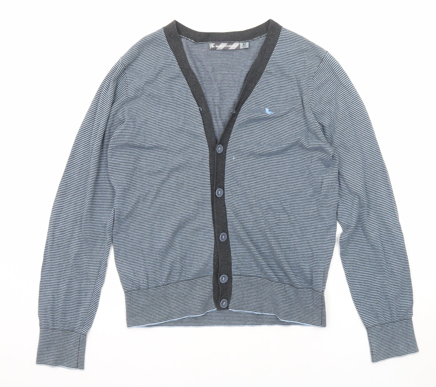 Modern Amusement Womens Blue V-Neck Striped Cotton Cardigan Jumper Size M