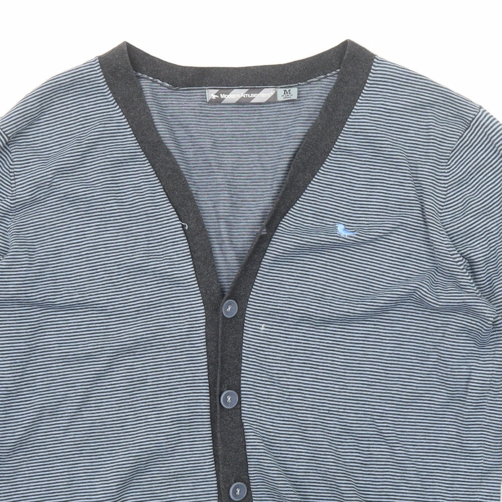 Modern Amusement Womens Blue V-Neck Striped Cotton Cardigan Jumper Size M