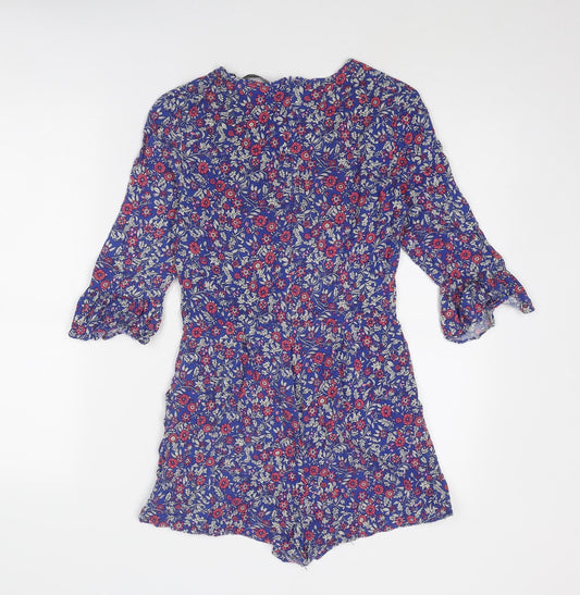 New Look Womens Blue Floral Viscose Playsuit One-Piece Size 8 Zip
