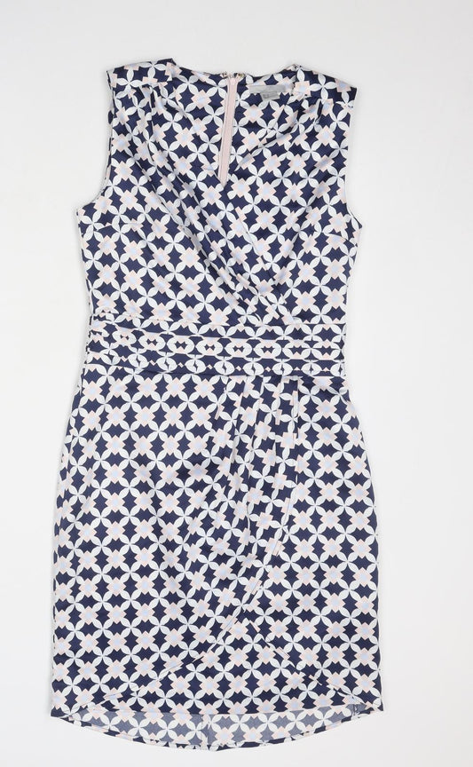 H&M Womens Blue Geometric Polyester Shift Size 6 V-Neck Zip