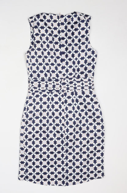 H&M Womens Blue Geometric Polyester Shift Size 6 V-Neck Zip