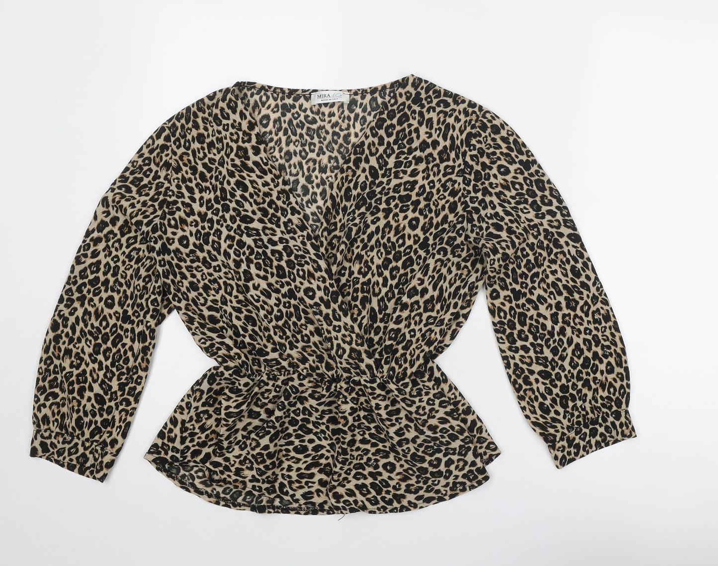 Mira & Co Womens Beige Animal Print Polyester Basic Blouse Size L V-Neck - Leopard Print