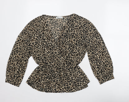 Mira & Co Womens Beige Animal Print Polyester Basic Blouse Size L V-Neck - Leopard Print