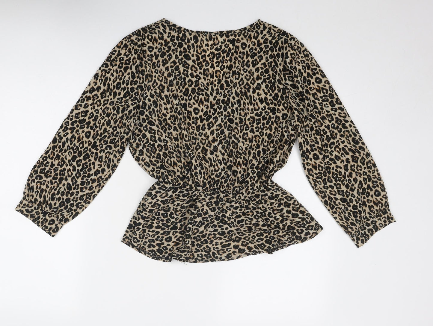 Mira & Co Womens Beige Animal Print Polyester Basic Blouse Size L V-Neck - Leopard Print