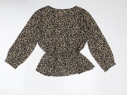 Mira & Co Womens Beige Animal Print Polyester Basic Blouse Size L V-Neck - Leopard Print