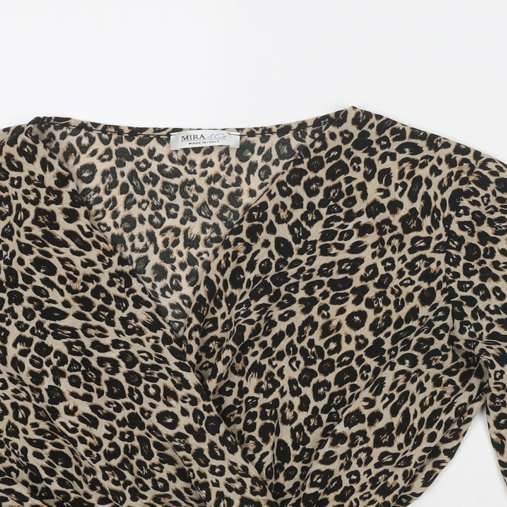 Mira & Co Womens Beige Animal Print Polyester Basic Blouse Size L V-Neck - Leopard Print