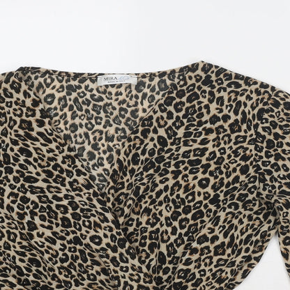 Mira & Co Womens Beige Animal Print Polyester Basic Blouse Size L V-Neck - Leopard Print